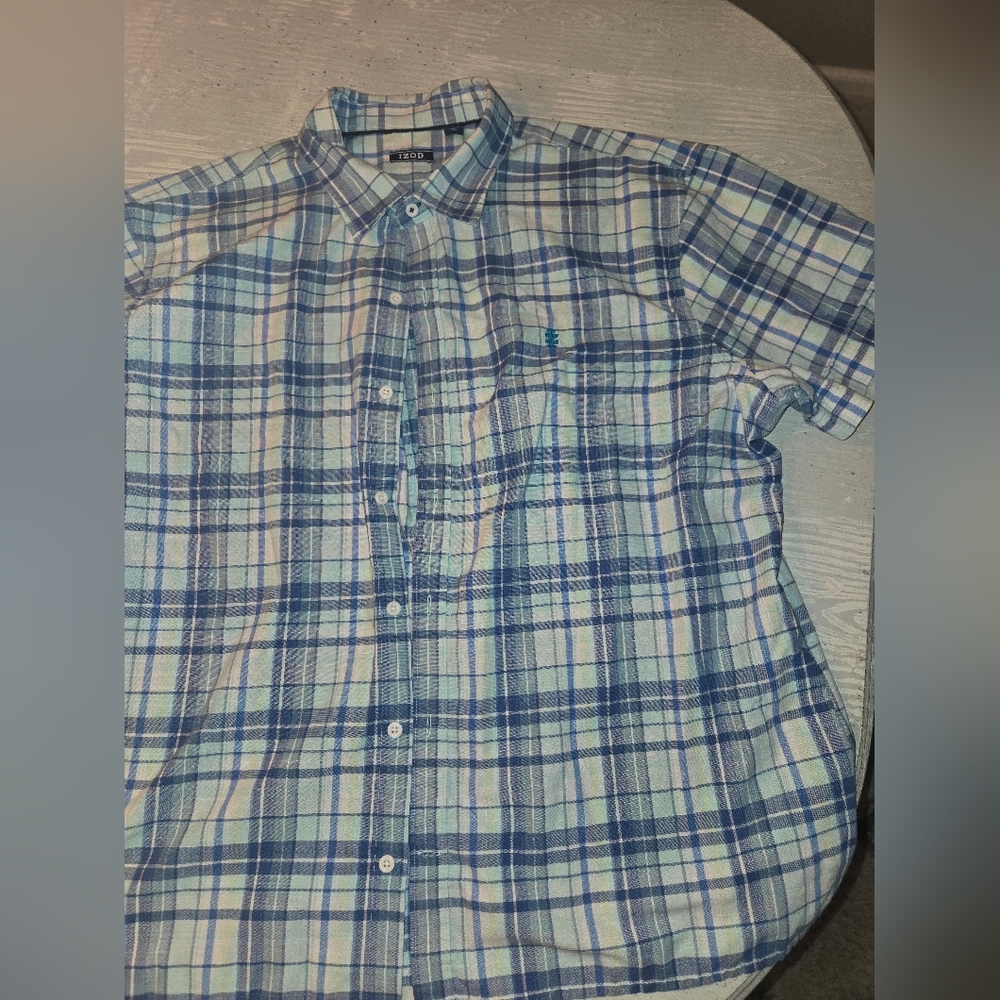 IZOD Men’s Blue Plaid Short-Sleeve Button-Up Shirt Sz XXL
